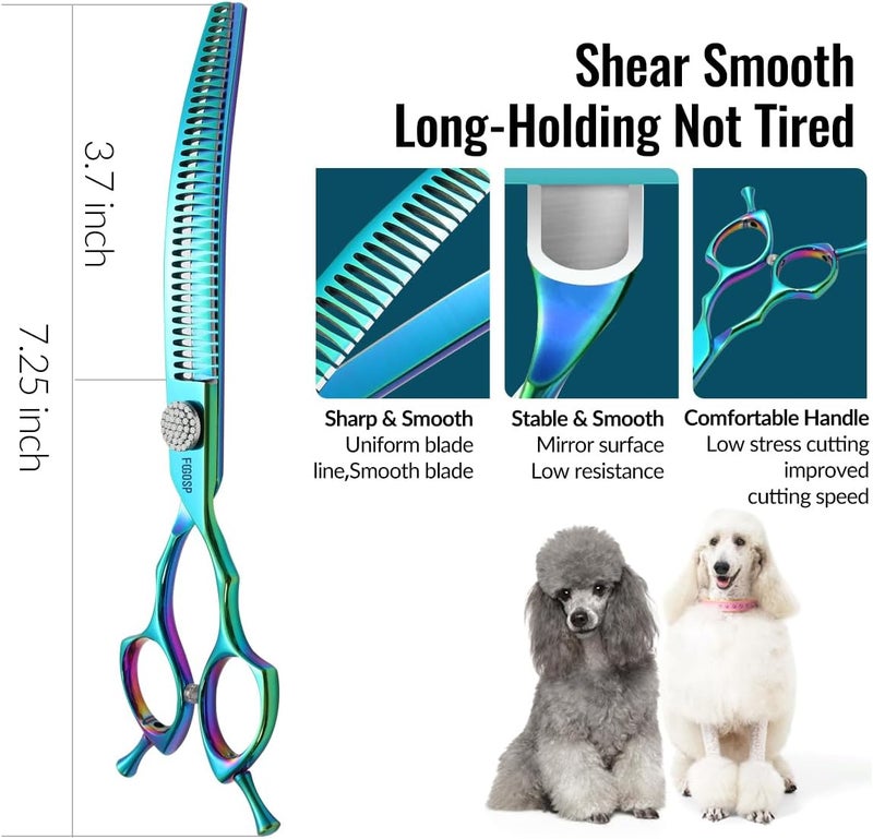 FOGOSP Professional Curved Thinning Shears Dog Grooming Scissors with Large Finger Holes 7.5'' Blue Green Curved Chunkers Shears for Grooming Large Dogs Pet 35 Teeth Japan 440C(Curved Chunkers,Turquoise) - Image 5